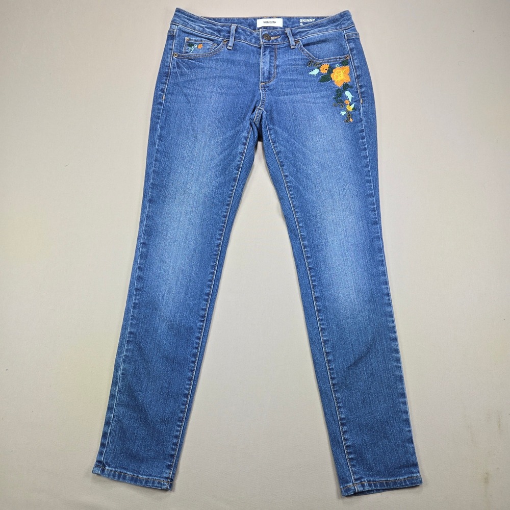 Sonoma Skinny Jeans Floral Embroidered Medium Wash Blue Womens Size 6
